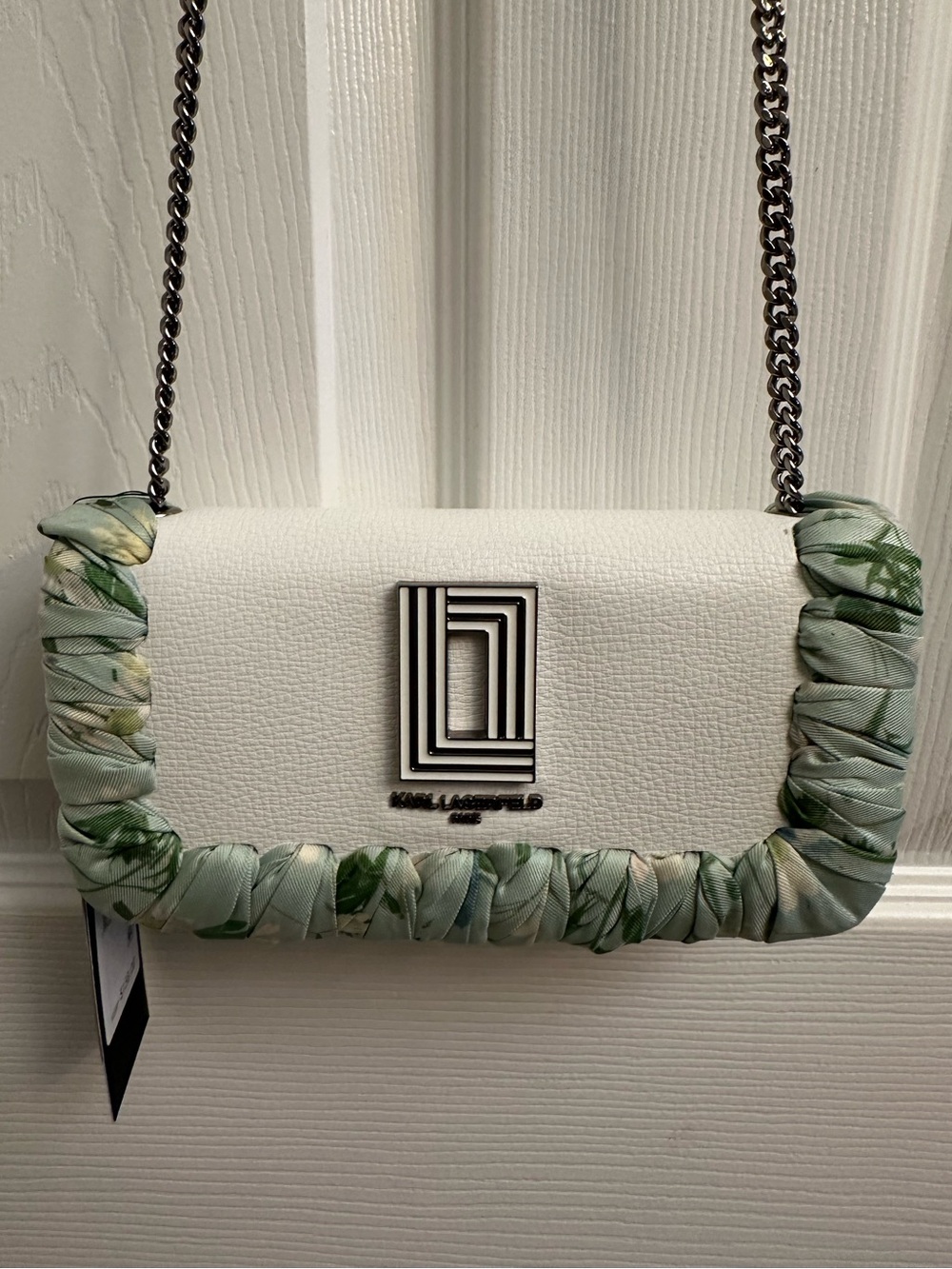 Karl Lagerfeld White Leather Crossbody with Mint Green Floral Trim